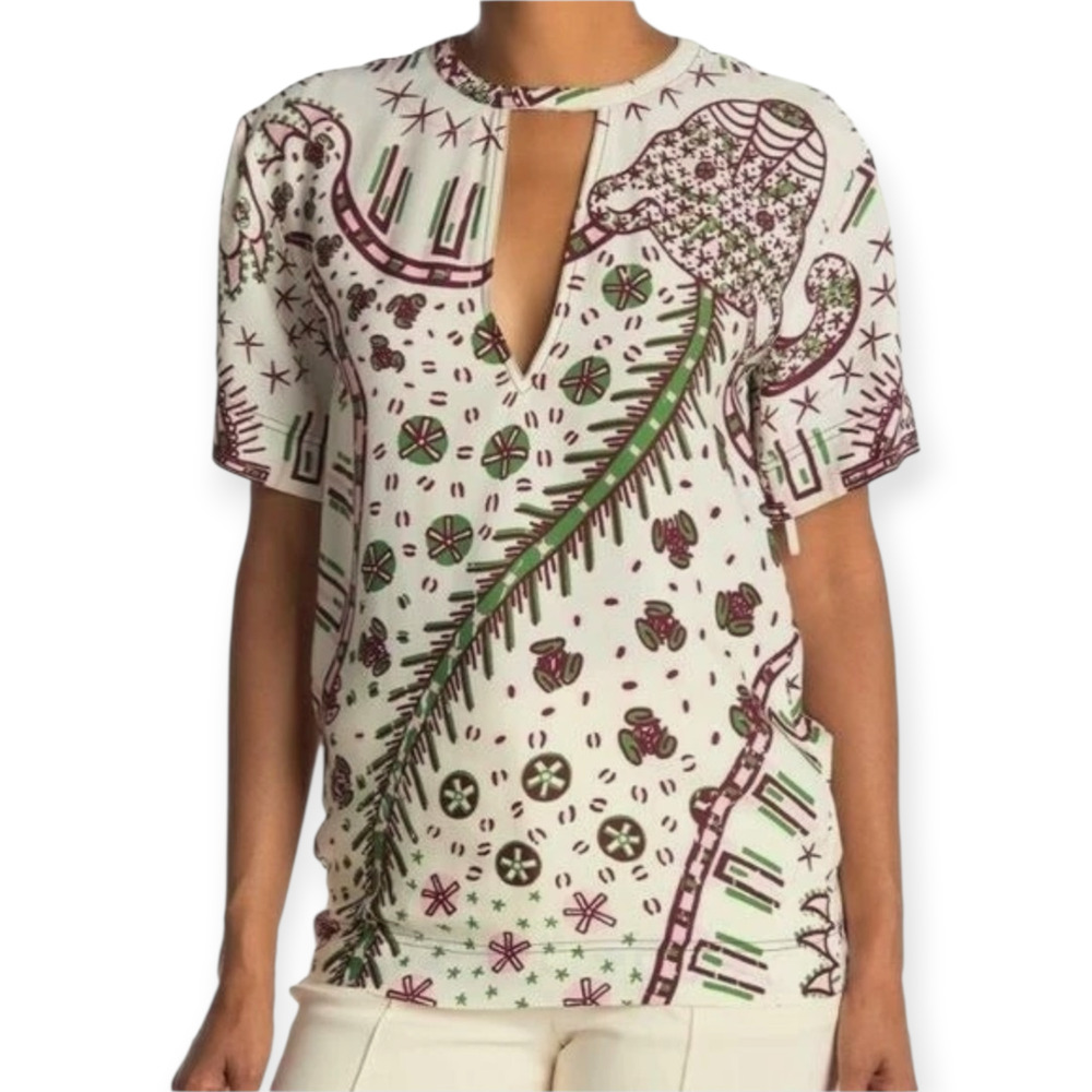 Valentino Safari Print‎ Keyhole Cut Out Blouse Authentic White Green Red Size 4